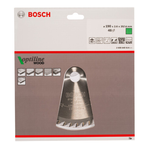 Lame de scie circulaire Bosch Optiline Wood pour scies circulaires à main 190 x 20/16 x 2,6 mm 48