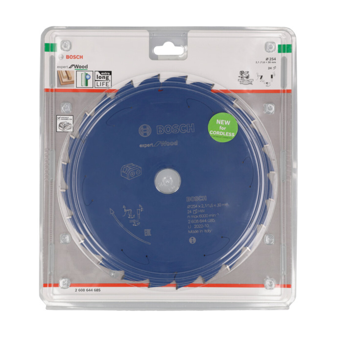 Lame de scie circulaire Bosch pour scies sans fil Expert for Wood, 254 x 2,1/1,6 x 30, 24 dents