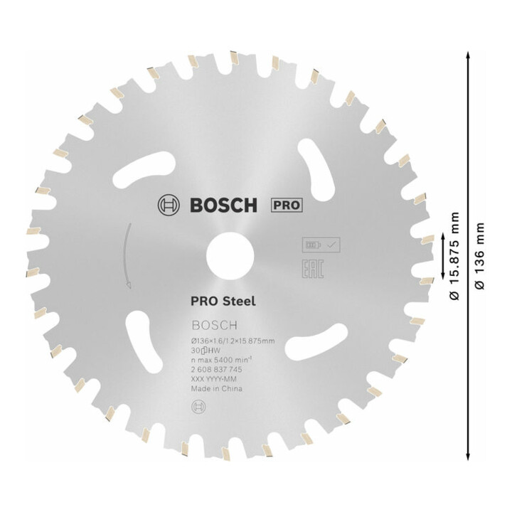 Lame de scie circulaire Bosch Standard pour acier pour scies sans fil 136 x 1,6/1,2 x 15,875 30 dents