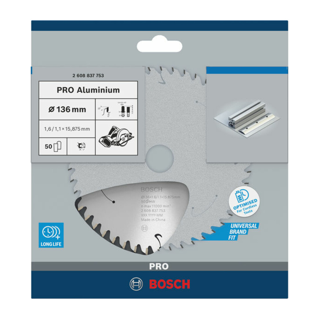 Lame de scie circulaire Bosch Standard pour aluminium, 136x1.6/1.1x15.875, 50 dents