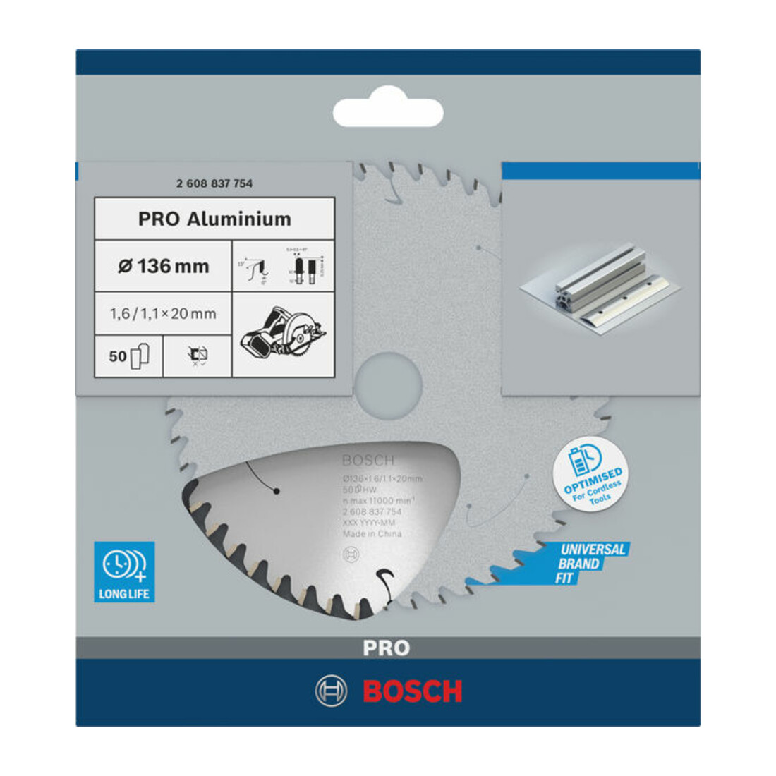 Lame de scie circulaire Bosch Standard pour aluminium, 136x1.6/1.1x20, 50 dents