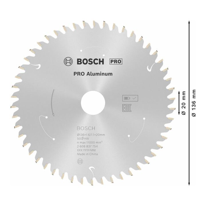 Lame de scie circulaire Bosch Standard pour aluminium, 136x1.6/1.1x20, 50 dents