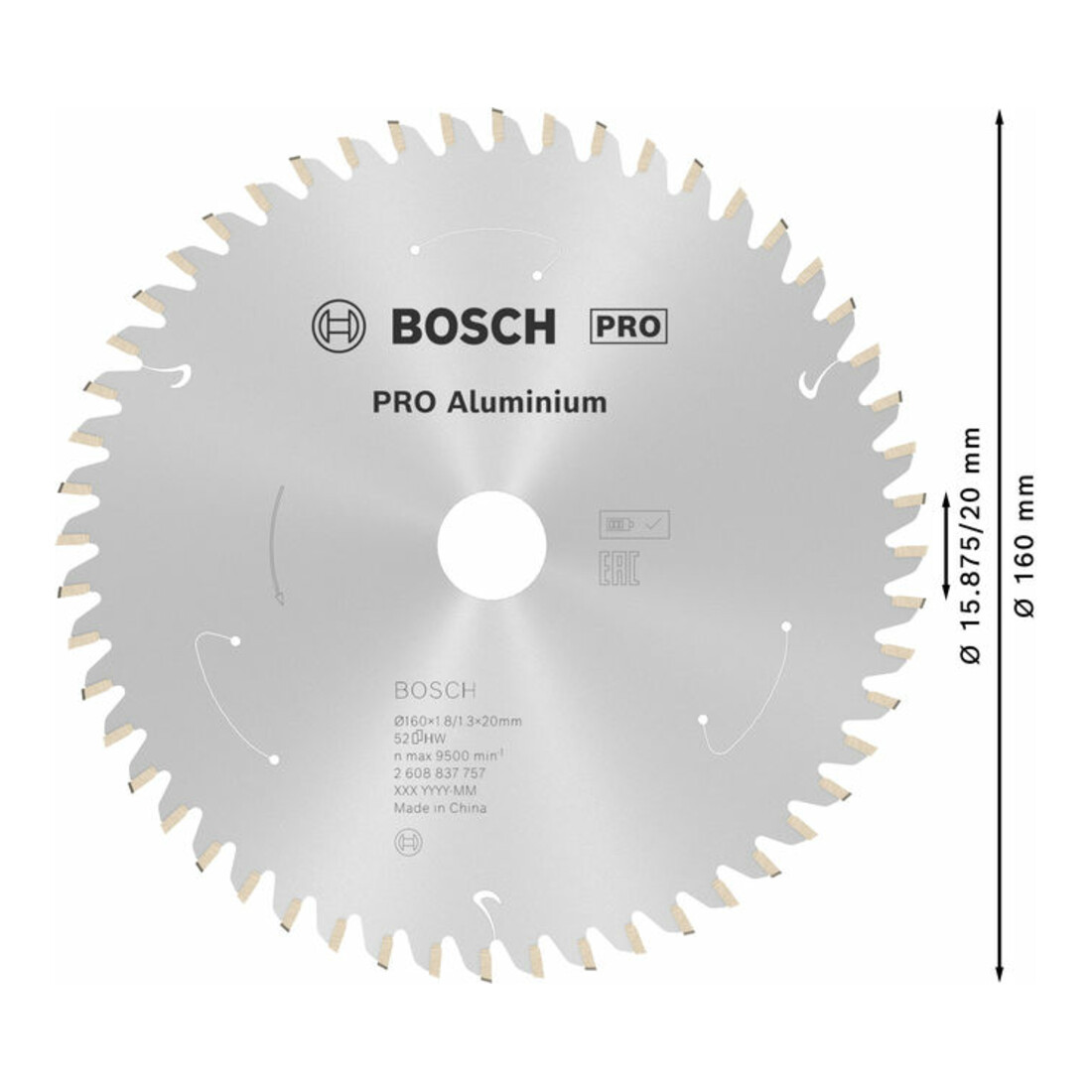Lame de scie circulaire Bosch Standard pour aluminium, 160x1.8/1.3x20, 52 dents