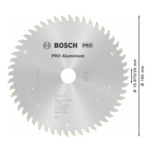 Lame de scie circulaire Bosch Standard pour aluminium, 160x1.8/1.3x20, 52 dents