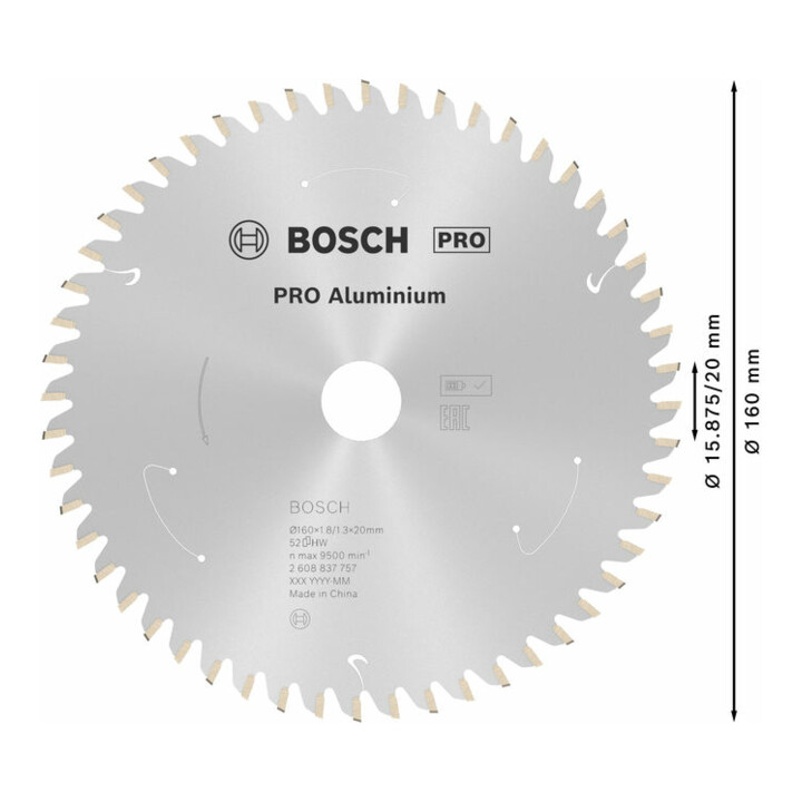 Lame de scie circulaire Bosch Standard pour aluminium, 160x1.8/1.3x20, 52 dents