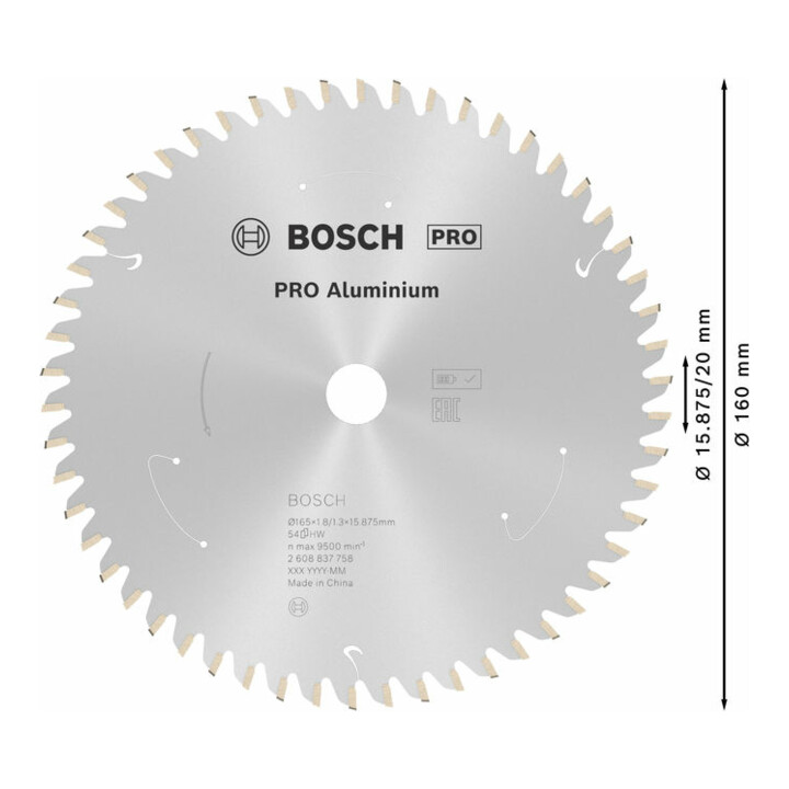 Lame de scie circulaire Bosch Standard pour aluminium, 165x1.8/1.3x15.875, 54 dents