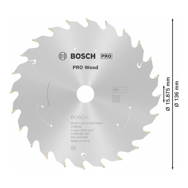 Lame de scie circulaire Bosch Standard pour bois, 136x1,5/1x15,875 24 dents