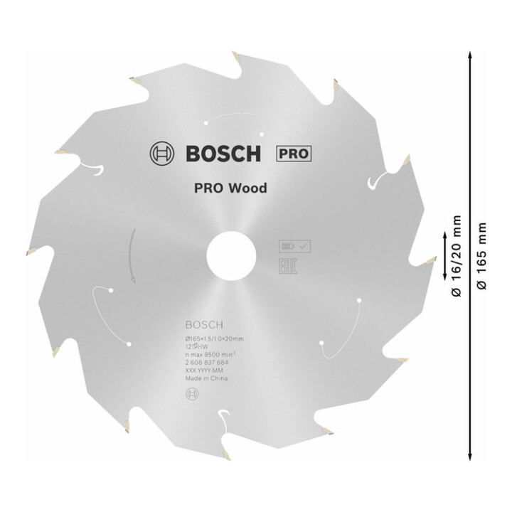 Lame de scie circulaire Bosch Standard pour bois, 165x1.5/1x20, 12 dents