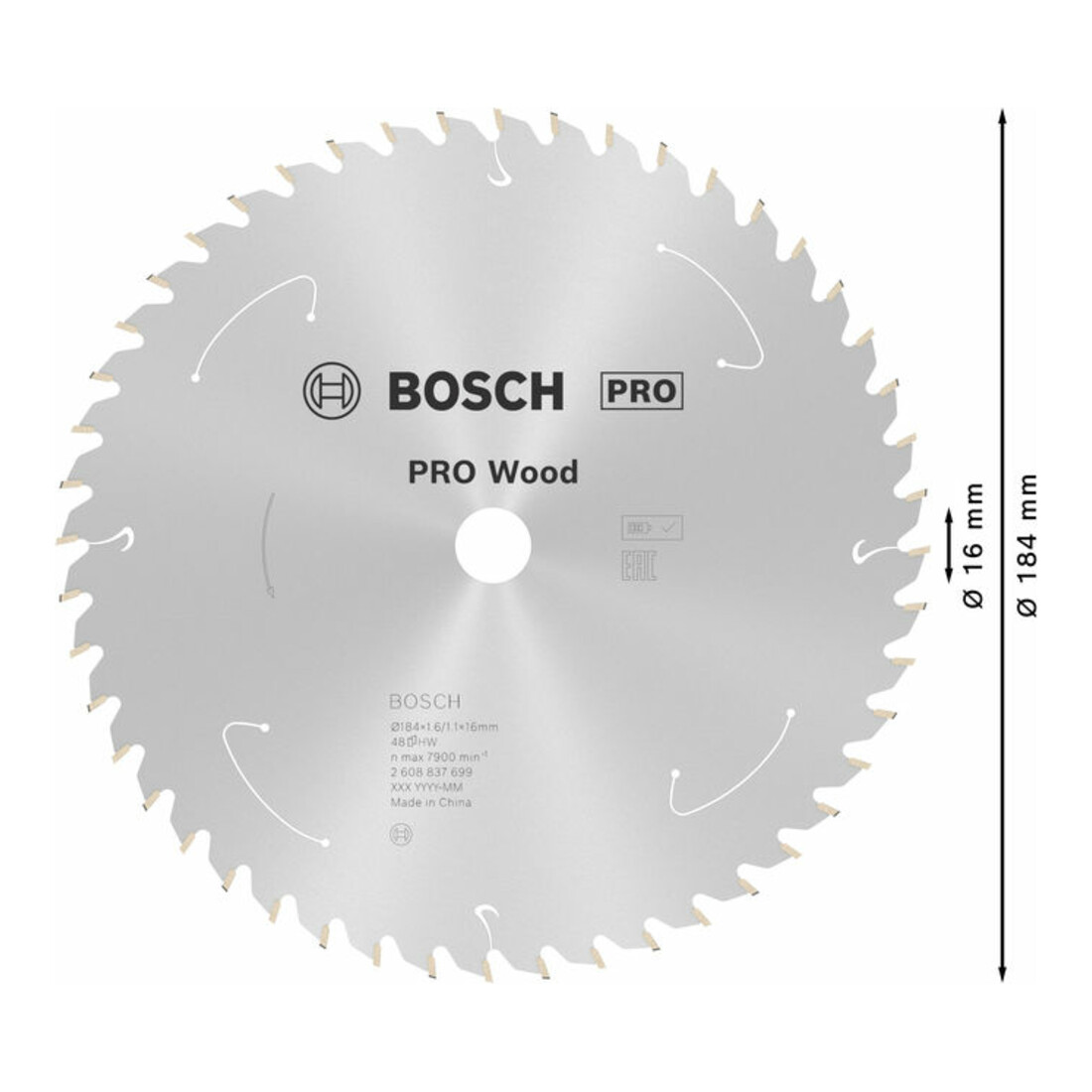 Lame de scie circulaire Bosch Standard pour bois, 184x1.6/1.1x16, 48 dents