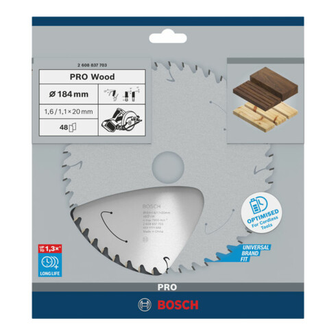 Lame de scie circulaire Bosch Standard pour bois, 184x1.6/1.1x20, 48 dents