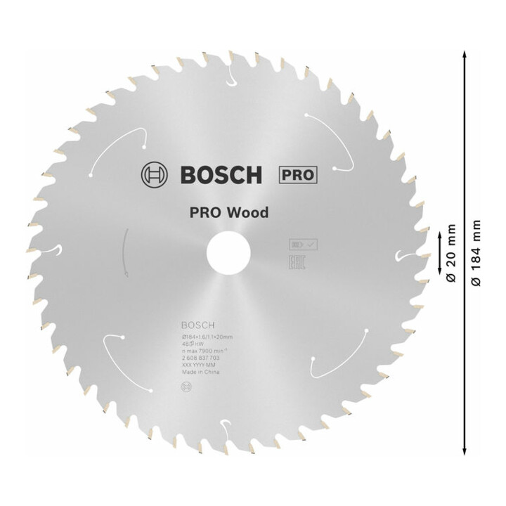 Lame de scie circulaire Bosch Standard pour bois, 184x1.6/1.1x20, 48 dents