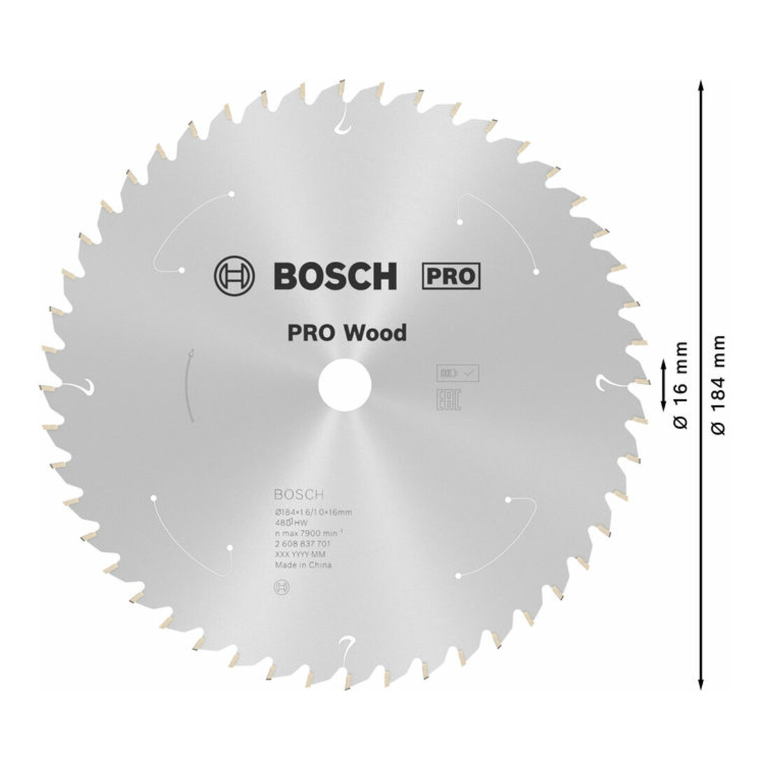Lame de scie circulaire Bosch Standard pour bois, 184x1.6/1x16, 48 dents