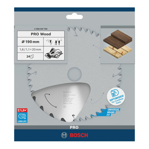Lame de scie circulaire Bosch standard pour bois, 190x1.6/1.1x20, 24 dents