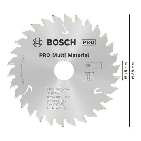 Lame de scie circulaire Bosch Standard pour matériaux multiples 85 x 1,5/1 x 15 30 dents