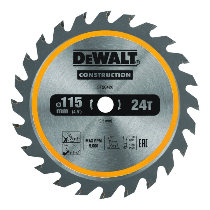 Lame de scie circulaire DEWALT TCT/HM pour scies circulaires portatives sans fil, 115x9,5mm, 24WZ DT20420-QZ