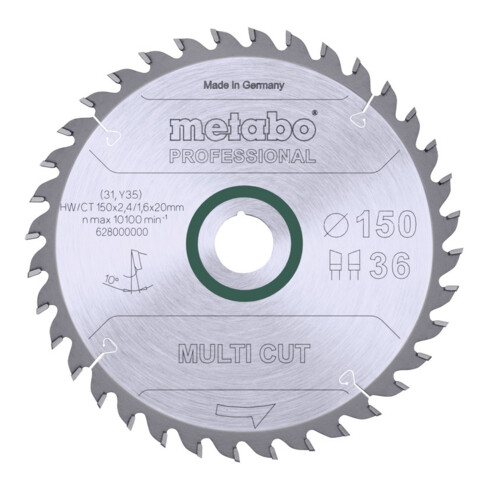 Lame de scie circulaire HW/CT 150 x 20 x 2,4/1,6, nombre de dents 36, affûtage en biseau alterné, angle d'attaque 10° metabo