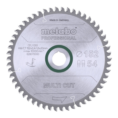 Lame de scie circulaire HW/CT 152 x 20 x 2,4/1,6, nombre de dents 54, denture plate/denture trapézoïdale, angle d'attaque 5° nég. metabo
