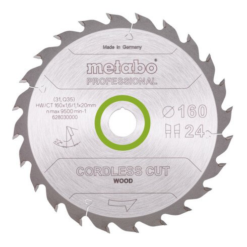 Lame de scie circulaire HW/CT 160 x 20 metabo x 1,6/1,1, nombre de dents 24, affûtage en biseau alterné, angle d'attaque 22° metabo
