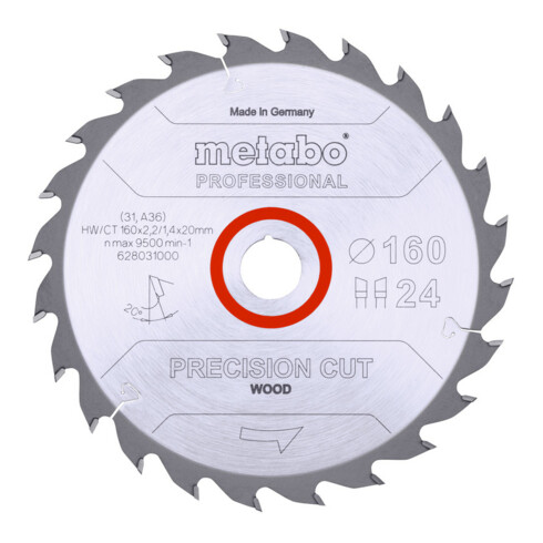 Lame de scie circulaire HW/CT 160 x 20 x 2,2/1,4, nombre de dents 24, affûtage en biseau alterné, angle d'attaque 20° metabo