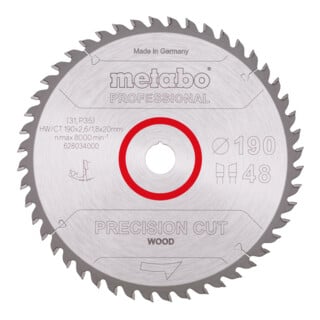 Lame de scie circulaire HW/CT 190 x 20 x 2,6/1,8, nombre de dents 48, affûtage en biseau alterné, angle d'attaque 10° metabo