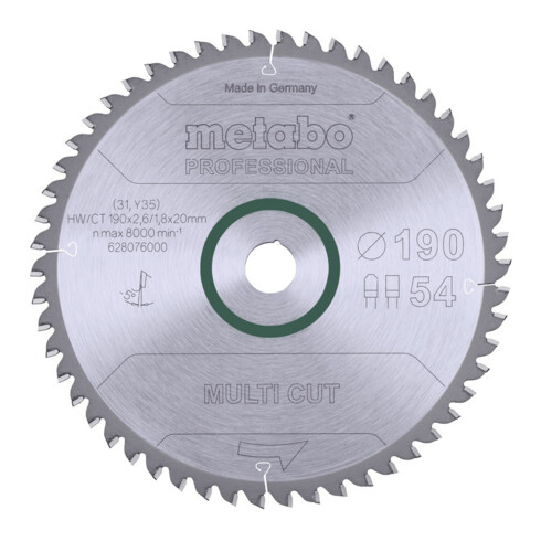 Lame de scie circulaire HW/CT 190 x 20 x 2,6/1,8, nombre de dents 54, denture plate/denture trapézoïdale, angle d'attaque 5° nég. metabo