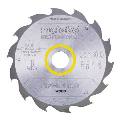 Lame de scie circulaire HW/CT 190 x 30 x 2,2/1,4, nombre de dents 14, affûtage en biseau alterné, angle d'attaque 25° metabo