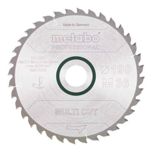 Lame de scie circulaire HW/CT 190 x 30 x 2,2/1,4, nombre de dents 36, affûtage en biseau alterné, angle d'attaque 5° metabo