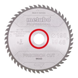 Lame de scie circulaire HW/CT 190 x 30 x 2,2/1,4, nombre de dents 48, affûtage en biseau alterné, angle d'attaque 15° metabo