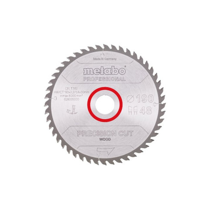 Lame de scie circulaire HW/CT 190 x 30 x 2,2/1,4, nombre de dents 48, affûtage en biseau alterné, angle d'attaque 15° metabo