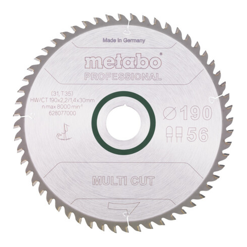 Lame de scie circulaire HW/CT 190 x 30 x 2,2/1,4, nombre de dents 56, denture plate trapézoïdale, angle d'attaque 8° metabo