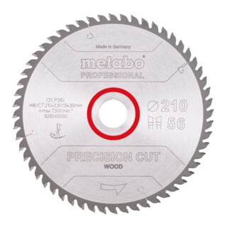 Lame de scie circulaire HW/CT 210 x 30 x 2,6/1,8, nombre de dents 56, affûtage en biseau alterné, angle d'attaque 10° metabo