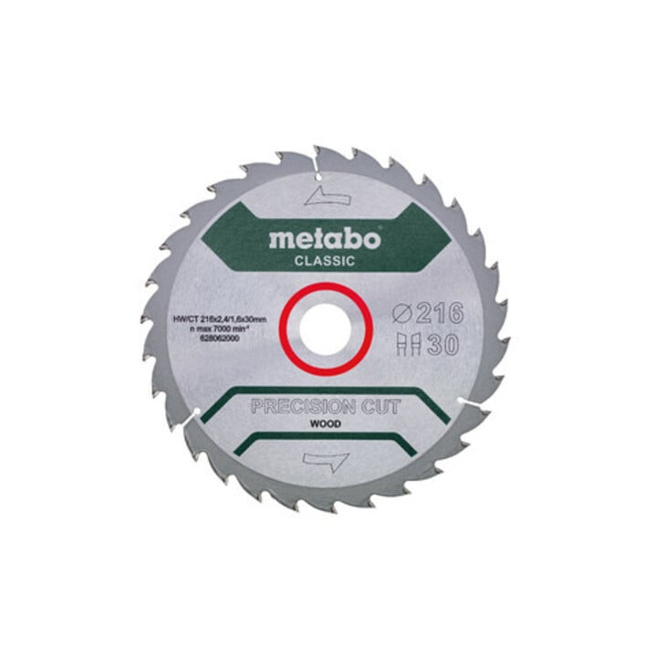 Lame de scie circulaire HW/CT 216 x 30 x 2,4/1,6, nombre de dents 30, denture en biseau alterné, angle d'attaque 22°, « Precision cut classic » metabo