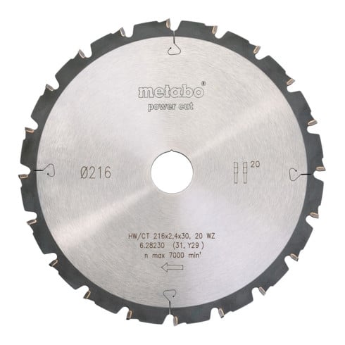 Lame de scie circulaire HW/CT 216 x 30 x 2,4/1,8, nombre de dents 24, affûtage en biseau alterné, angle d'attaque 5° nég. metabo
