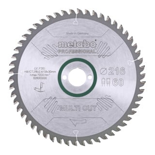 Lame de scie circulaire HW/CT 216 x 30 x 2,4/1,8, nombre de dents 60, denture plate/denture trapézoïdale, angle d'attaque 5° nég. metabo