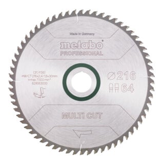 Lame de scie circulaire HW/CT 216x30x2,4/1,6, nombre de dents 64, denture plate/denture trapézoïdale, angle d'attaque 10°. metabo