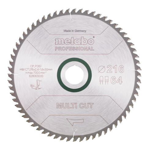Lame de scie circulaire HW/CT 216x30x2,4/1,6, nombre de dents 64, denture plate/denture trapézoïdale, angle d'attaque 10°. metabo