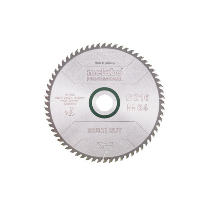 Lame de scie circulaire HW/CT 216x30x2,4/1,6, nombre de dents 64, denture plate/denture trapézoïdale, angle d'attaque 10°. metabo