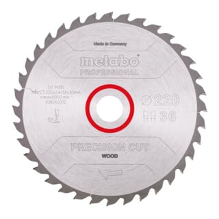 Lame de scie circulaire HW/CT 220 x 30 x 2,4/1,6, nombre de dents 36, affûtage en biseau alterné, angle d'attaque 10° metabo