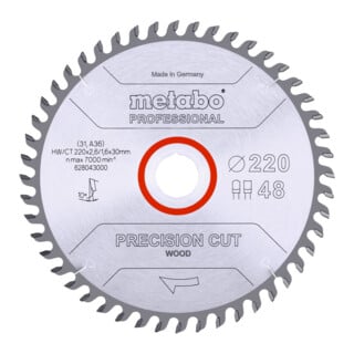 Lame de scie circulaire HW/CT 220 x 30 x 2,6/1,6, nombre de dents 48, denture creuse, angle d'attaque 10° metabo