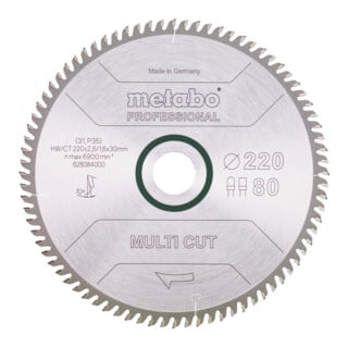 Lame de scie circulaire HW/CT 220 x 30 x 2,6/1,6, nombre de dents 80, denture plate trapézoïdale, angle d'attaque 10° metabo