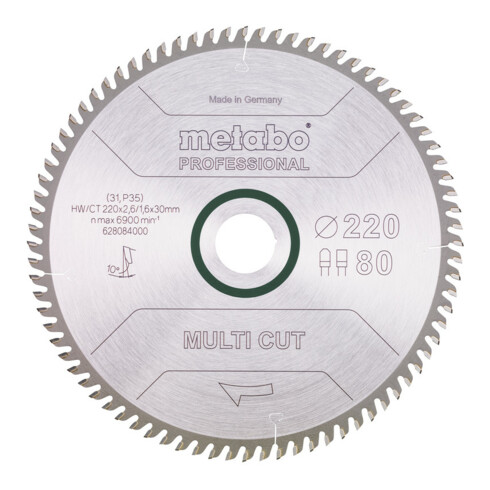 Lame de scie circulaire HW/CT 220 x 30 x 2,6/1,6, nombre de dents 80, denture plate trapézoïdale, angle d'attaque 10° metabo
