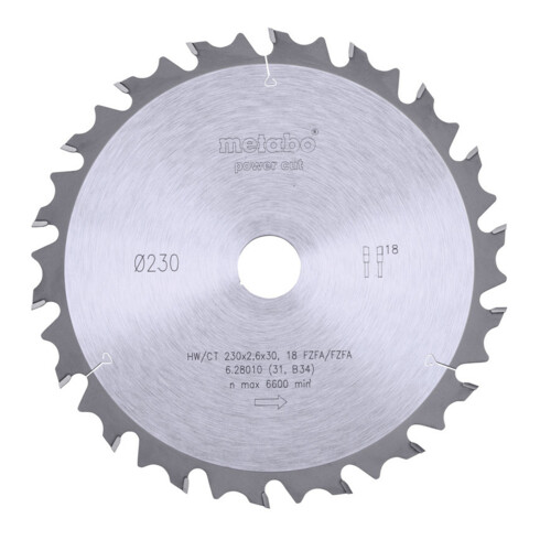 Lame de scie circulaire HW/CT 230 x 30 x 2,6/1,8, nombre de dents 18, denture plate biseautée, angle d'attaque 10° metabo