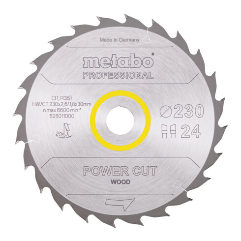 Lame de scie circulaire HW/CT 230 x 30 x 2,6/1,8, nombre de dents 24, affûtage en biseau alterné, angle d'attaque 20° metabo