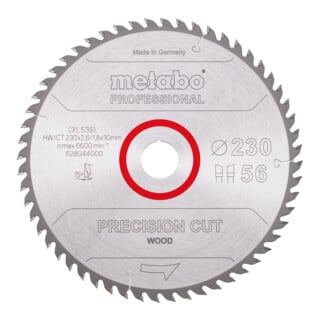 Lame de scie circulaire HW/CT 230 x 30 x 2,6/1,8, nombre de dents 56, affûtage en biseau alterné, angle d'attaque 15° metabo