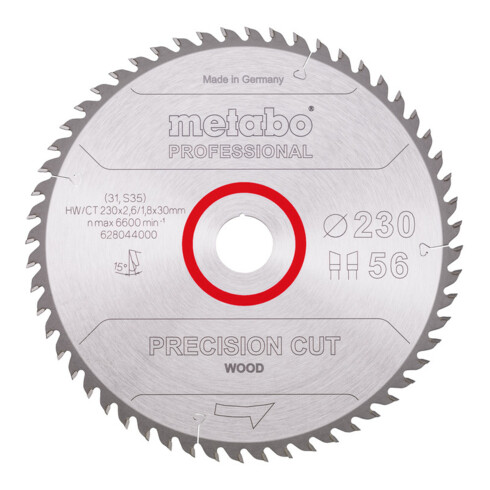 Lame de scie circulaire HW/CT 230 x 30 x 2,6/1,8, nombre de dents 56, affûtage en biseau alterné, angle d'attaque 15° metabo
