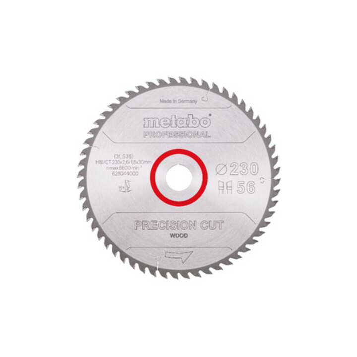 Lame de scie circulaire HW/CT 230 x 30 x 2,6/1,8, nombre de dents 56, affûtage en biseau alterné, angle d'attaque 15° metabo
