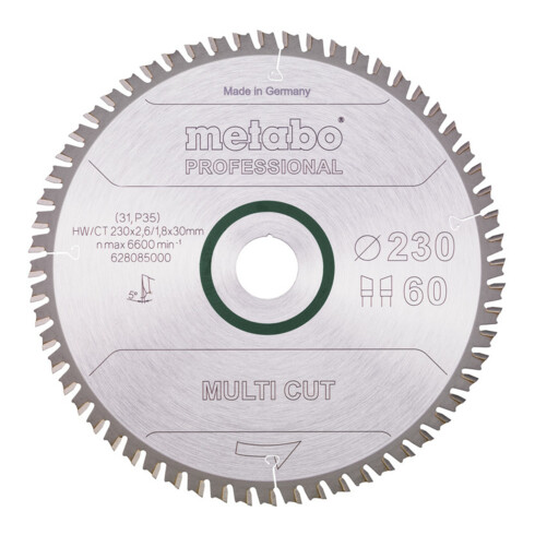 Lame de scie circulaire HW/CT 230 x 30 x 2,6/1,8, nombre de dents 60, affûtage en biseau alterné, angle d'attaque 5° metabo