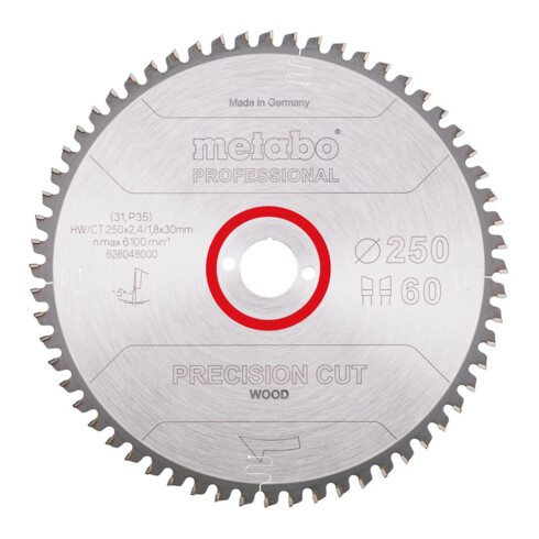 Lame de scie circulaire HW/CT 250 x 30 x 2,4/1,8, nombre de dents 60, affûtage en biseau alterné, angle d'attaque 5° nég. metabo