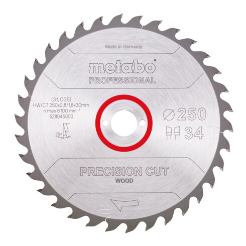 Lame de scie circulaire HW/CT 250 x 30 x 2,8/1,8, nombre de dents 34, affûtage en biseau alterné, angle d'attaque 15° metabo