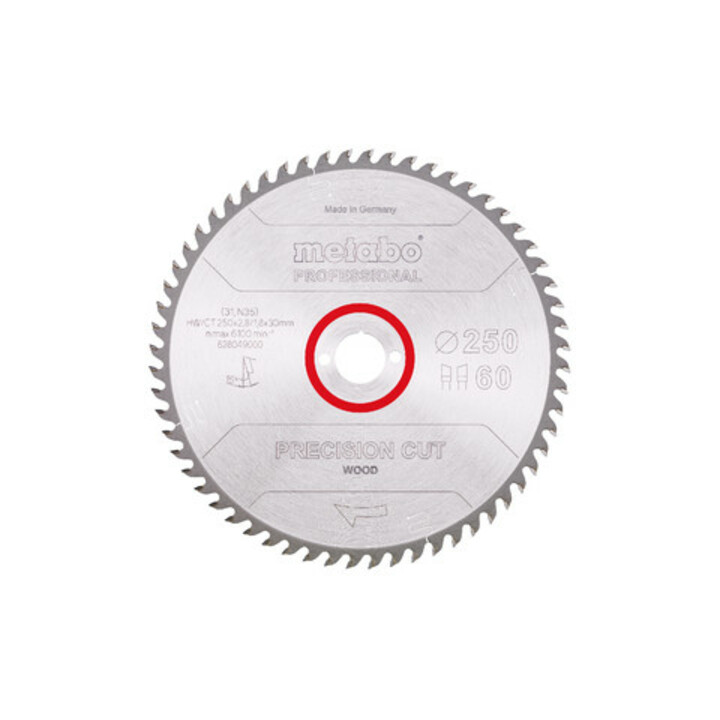 Lame de scie circulaire HW/CT 250 x 30 x 2,8/1,8, nombre de dents 60, affûtage en biseau alterné, angle d'attaque 15° metabo